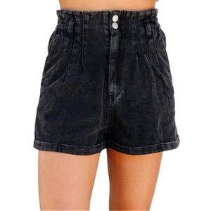 High Waisted Paperbag Black Denim Shorts